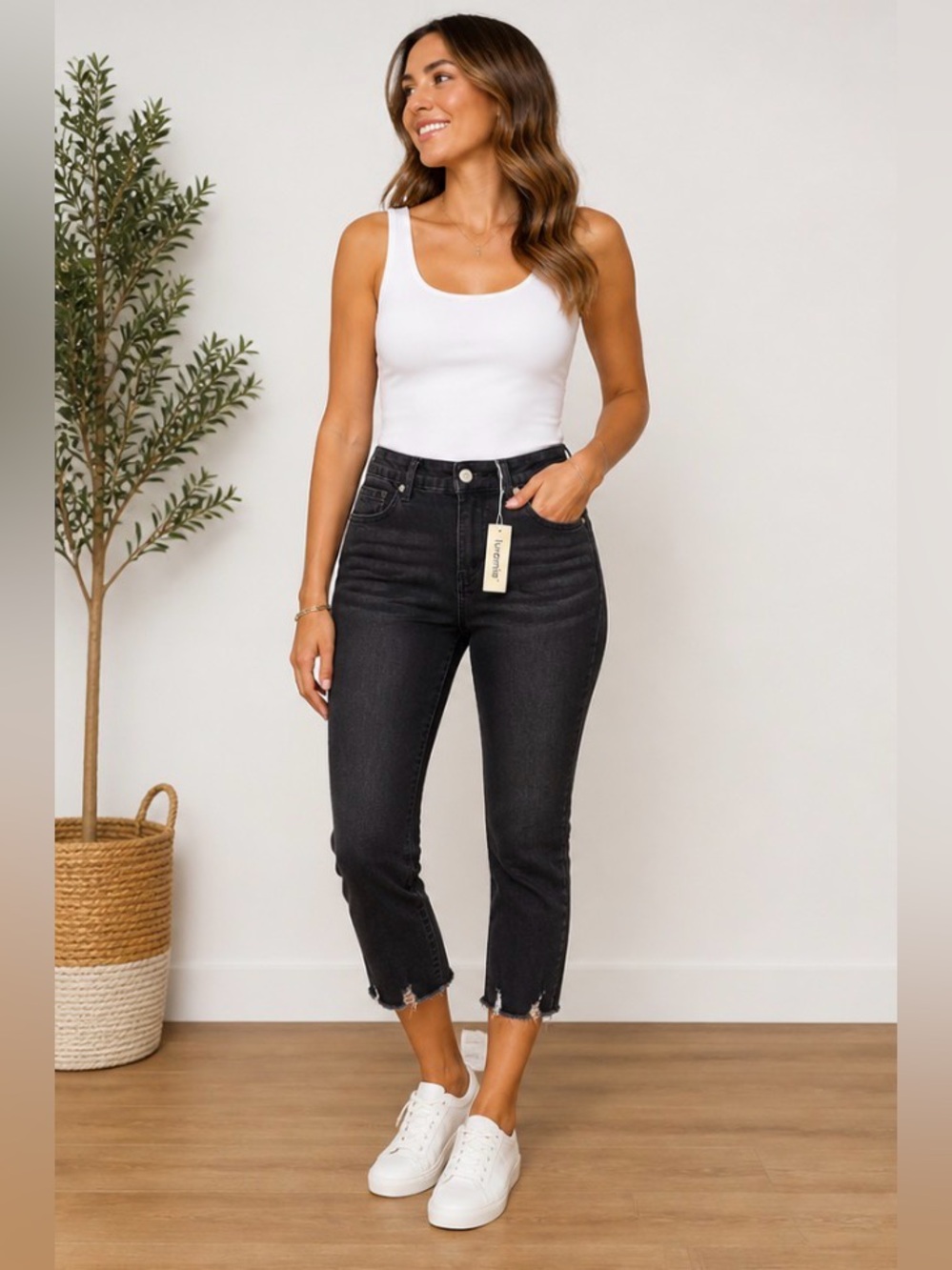 Luvamia Black High Rise Capri Jeans Size XL Stretch Distressed Hem Slim Fit